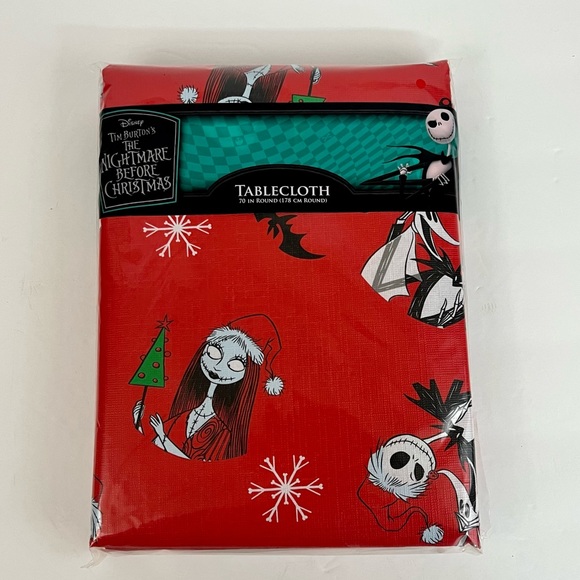 The Nightmare Before Christmas Red Tablecloth Jack Skellington Sally 70” Round - Picture 3 of 3